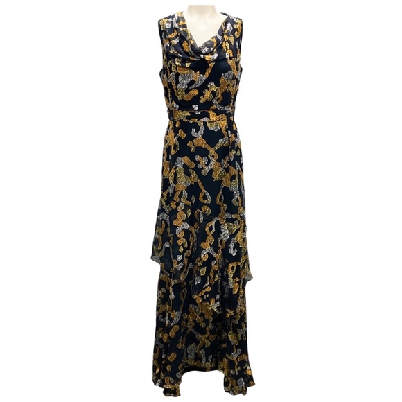 PETER PILOTTO BLACK / GOLD / SILVER METALLIC SLEEVELESS SILK MAXI DRESS - Picture 1 of 5